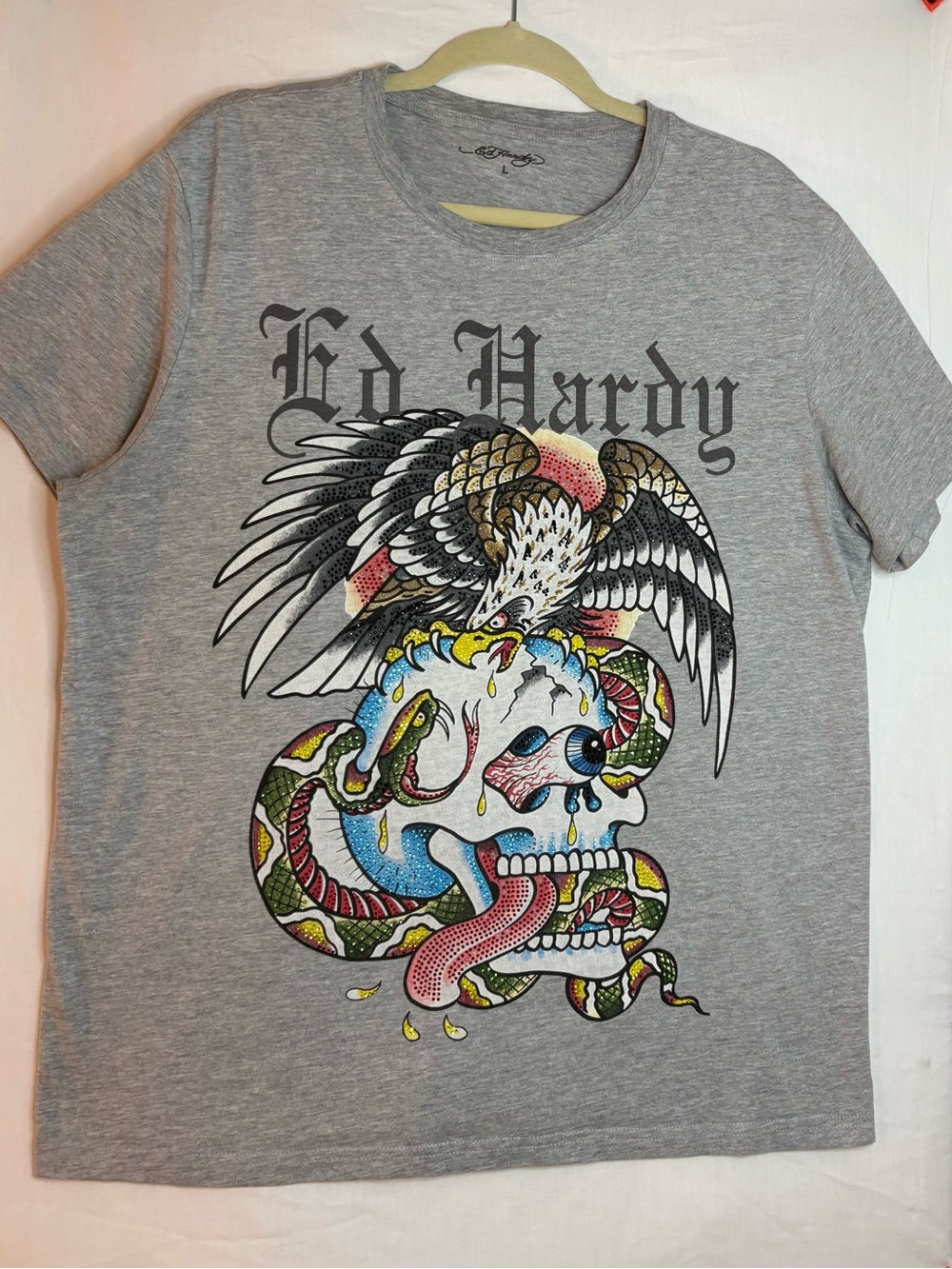 Ed Hardy Bikercore Tee with Eagle, Skull & Snake Beaded Graphic L